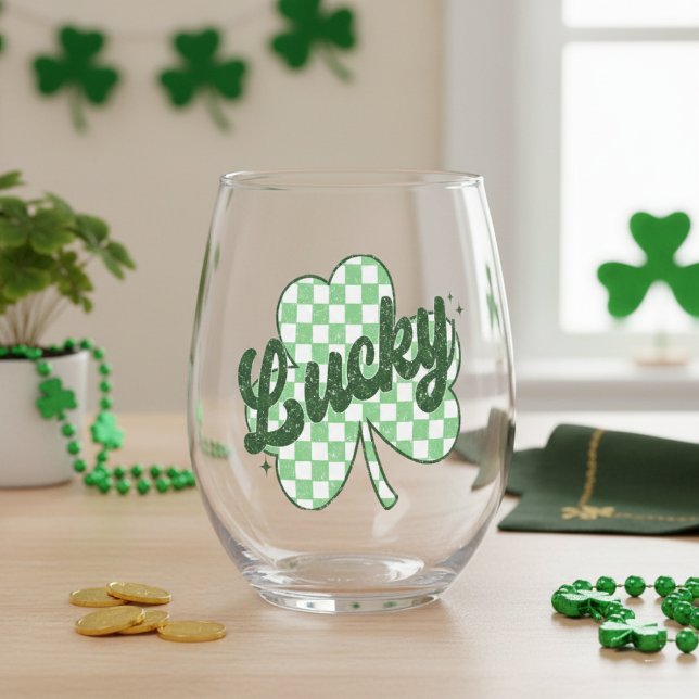 Vaso De Vino Shamrock del Día de San Patricio (Retro Lucky St Patrick's Day Shamrock Stemless Wine Glass)