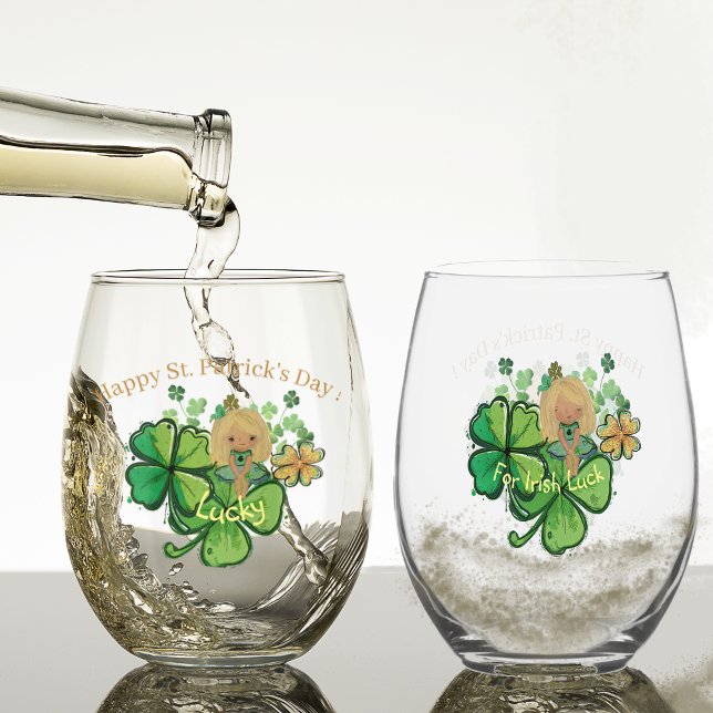 Vaso De Vino Shamrock ST Patrick (Shamrock ST Patrick's Day stemless Glass with girl holding shamrock leaf, for Irish luck)