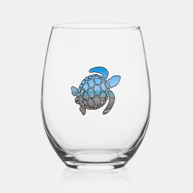 Vaso De Vino Silueta de tortuga marina con olas de playa azules (Anverso)