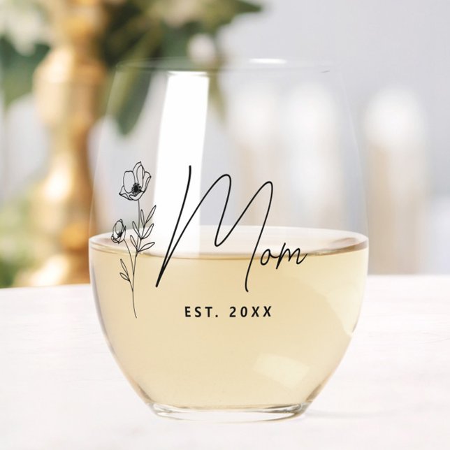 Vaso De Vino Simple Floral negra personalizada Mamá (Elegant New Mom Floral Wine Glass, Mother's Day Gift, Est. 2025, Modern, Script, Baby Shower )