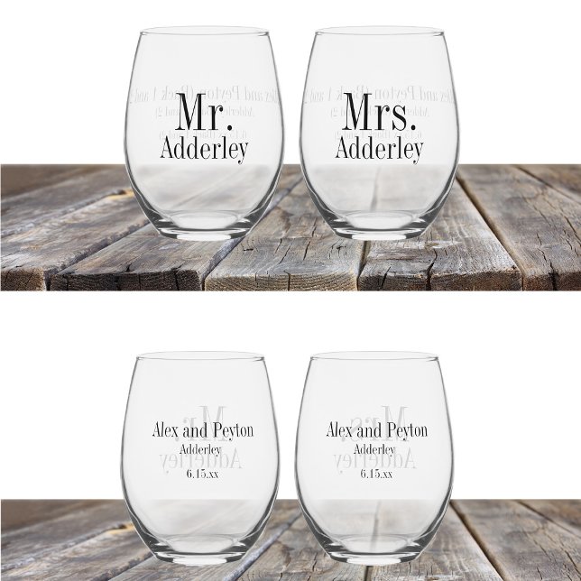 Vaso De Vino Sr. Bride Groom Boda Personalizado (Mr. and Mrs. wedding reception stemless wine glasses customized with your names)