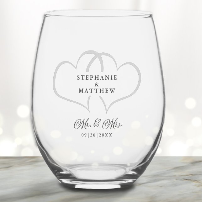 Vaso De Vino Sr. y Sra. Elegant Wedding Moda Nombre Personaliza (Mr & Mrs Elegant Wedding Chic Hearts Names Custom Stemless Wine Glass)