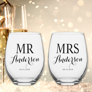 Vaso De Vino Sr y Sra. Modern Elegant Nombre Personalizado Boda