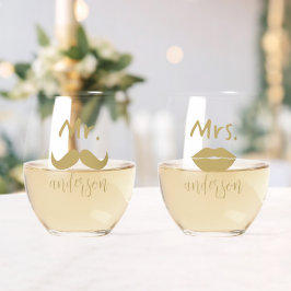 Vaso De Vino Sr. y Sra. Mustache Lips Boda Personalizado