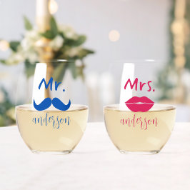 Vaso De Vino Sr. y Sra. Mustache Lips Boda Personalizado