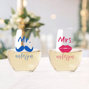 Vaso De Vino Sr. y Sra. Mustache Lips Boda Personalizado