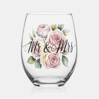 Vaso De Vino Sr. y Sra. Script Floral