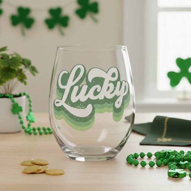 Vaso De Vino St Patrick's Day Retro Lucky (St Patrick's Day Retro Lucky Stemless Wine Glass)