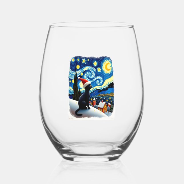Vaso De Vino Starry Night Festive Christmas Black Cat Santa Hat (Anverso)