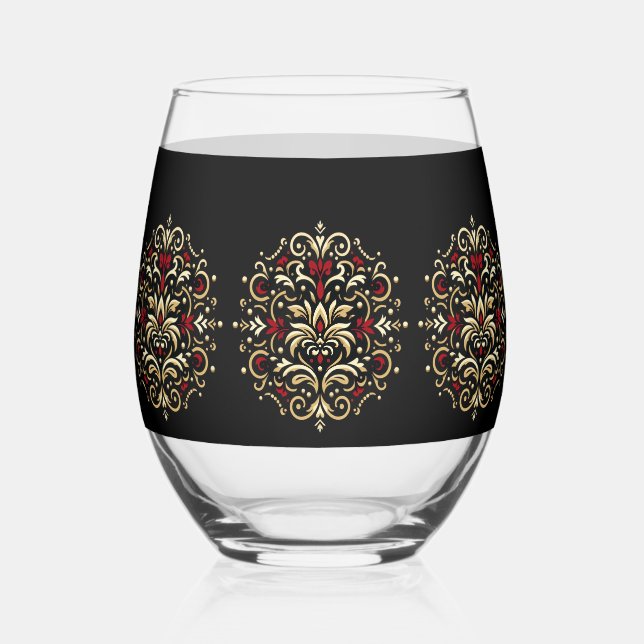 Vaso De Vino Stylish Damask Black Red Gold Pattern (Anverso)