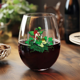 Vaso De Vino Suerte Verde Irlandés Hada Pelo Rojo Trébol