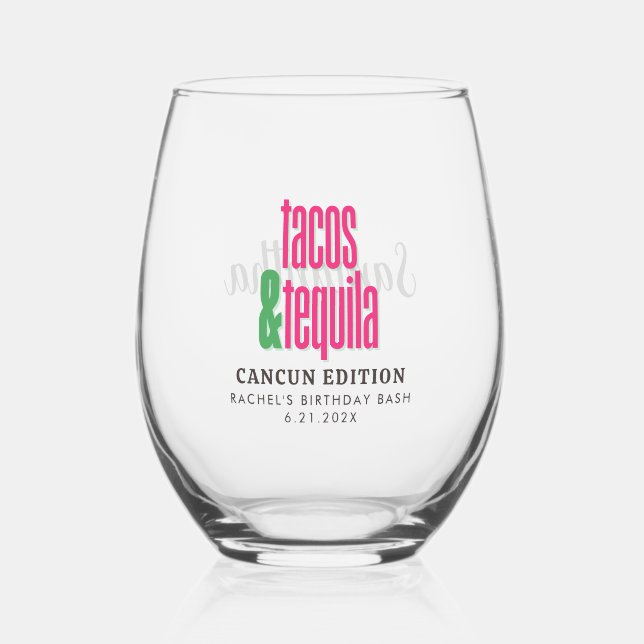Vaso De Vino Tacos Rosados Calientes Cumpleaños Bachelorette Br (Anverso)