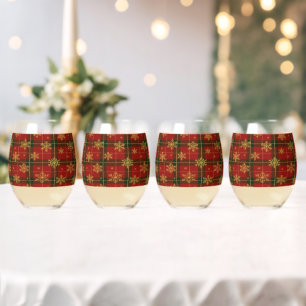 Vaso De Vino Tartan Rojo Clásico con Copos de Nieve Dorados