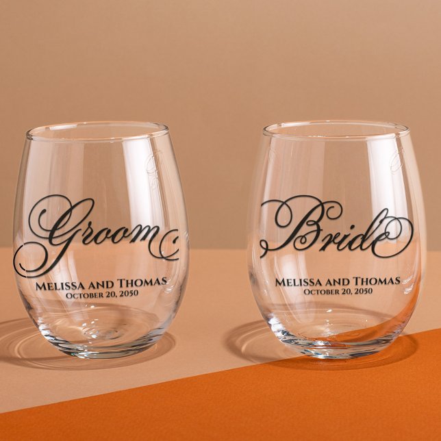 Vaso De Vino Tipografía boda caligrafía novia y Groom (Custom wine glasses with Bride and groom Calligraphy script)