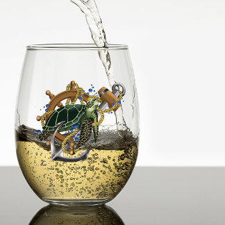 Vaso De Vino Tortuga Marina Náutica Ancla Timón Azul