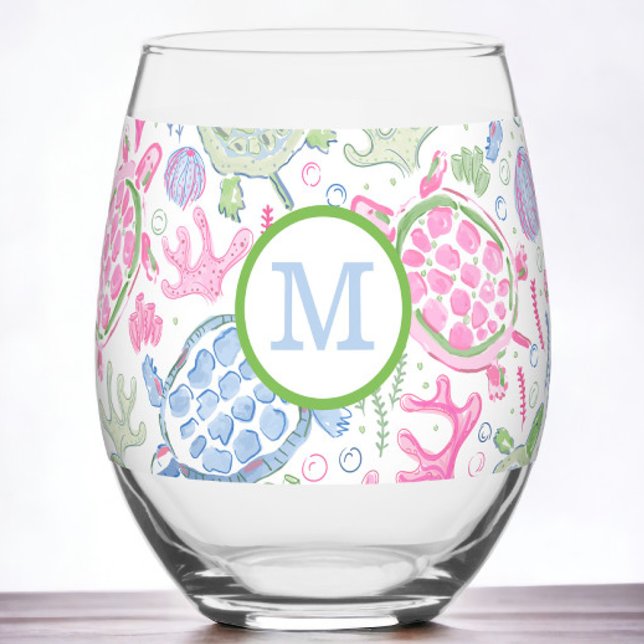 Vaso De Vino Tortugas marinas azules rosadas monogramos (Subido por el creador)