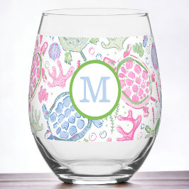 Vaso De Vino Tortugas Marinas Rosa Azul Monograma Elegante 