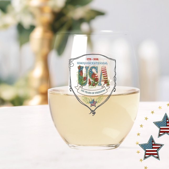 Vaso De Vino US 250 Years of Freedom Botanical Patriotic (US 250 Years of Freedom Botanical Patriotic Stemless Wine Glass)