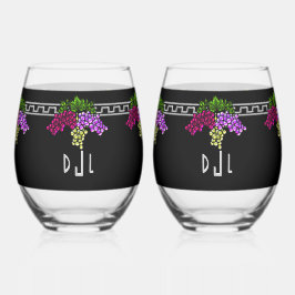 Vaso De Vino Uvas Art Deco - Negro, Plata, Violeta Monogramado