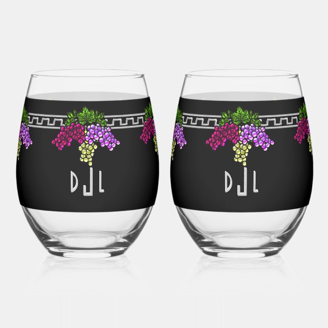 Vaso De Vino Uvas Art Deco - Negro, Plata, Violeta Monogramado (Anverso)
