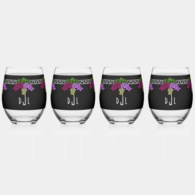 Vaso De Vino Uvas Art Deco - Negro, Plata, Violeta Monogramado (Anverso)