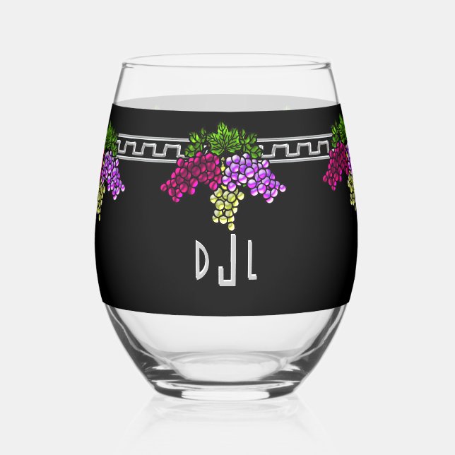 Vaso De Vino Uvas Art Deco - Negro, Plata, Violeta Monogramado (Anverso)