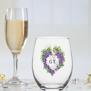 Vaso De Vino Uvas iniciales de monograma de corazón