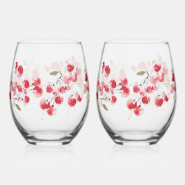 Vaso De Vino Vajilla de Navidad con Acuarela de Bayas Rojas par