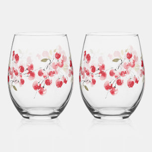 Vaso De Vino Vajilla de Navidad con Acuarela de Bayas Rojas par