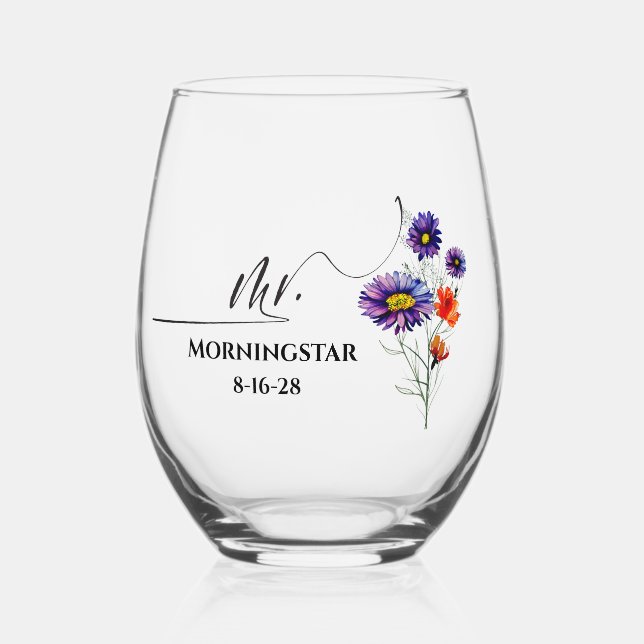 Vaso De Vino Vibrante Naranja Púrpura Wildflowers Sr. (Anverso)