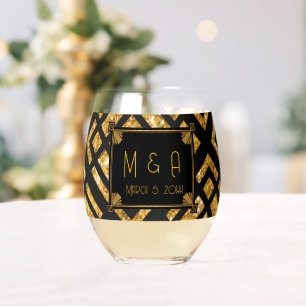 Vaso De Vino Vidrio Art Deco negro y Boda de oro
