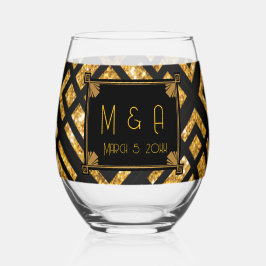 Vaso De Vino Vidrio Art Deco negro y Boda de oro