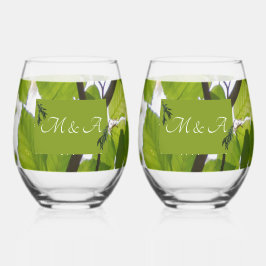 Vaso De Vino Vidrio inoxidable de hojas verdes Boda