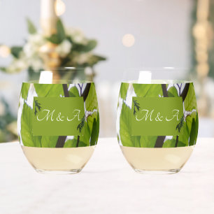 Vaso De Vino Vidrio inoxidable de hojas verdes Boda