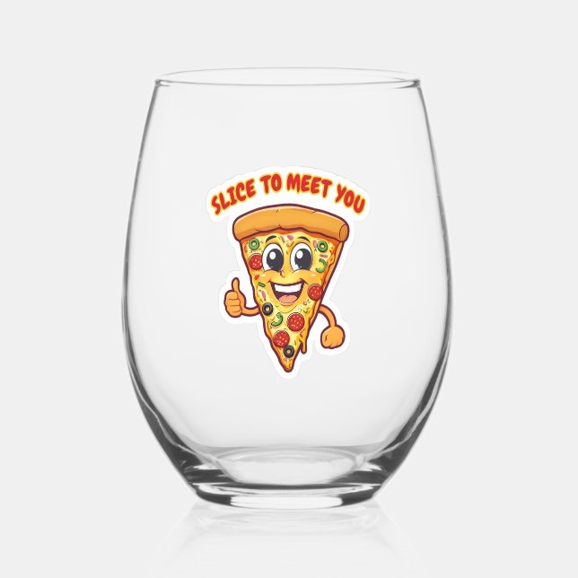 Vaso De Vino Vidrio sonriente con pizza. (Anverso)