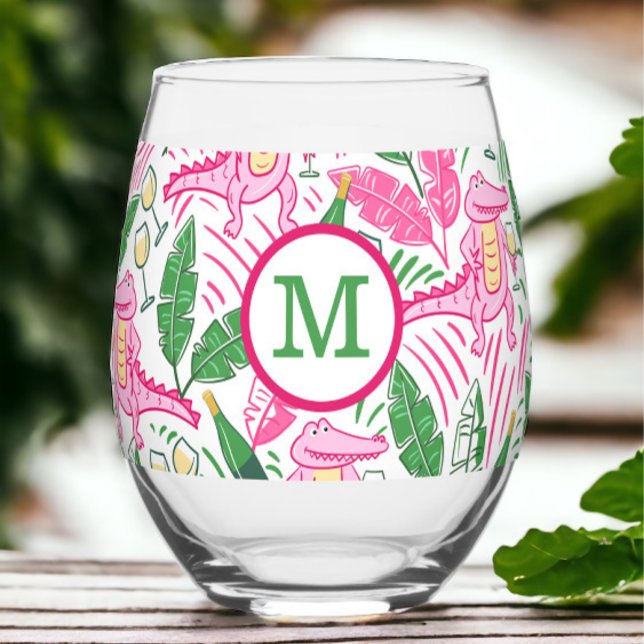 Vaso De Vino Vino de caimán rosa monograma preppy  (Subido por el creador)