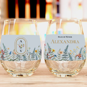 Vaso De Vino Vintage Wildflower Fern Dusty Blue Bridal Party
