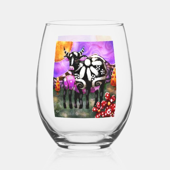Vaso De Vino Whimsical Abstract Momma & Baby Cow Funky Farm (Anverso)