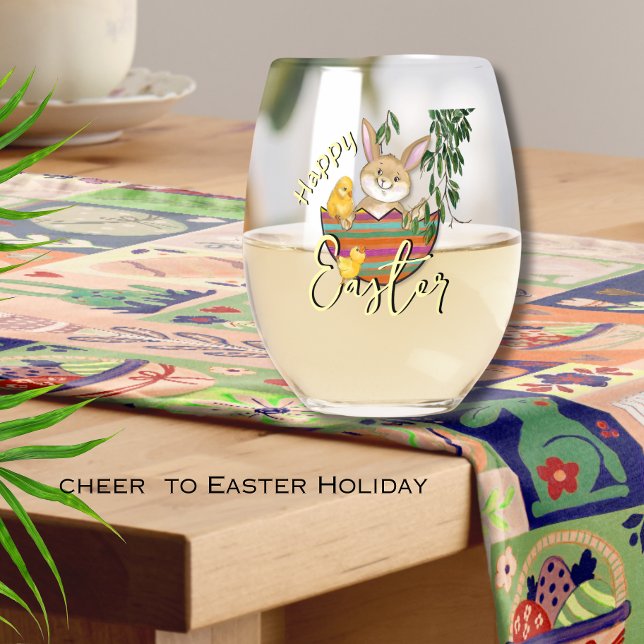 Vaso De Vino Whimsical Spring Bunny en Eggshell (Easter Bunny with Chicken Stemless Wine Glass)