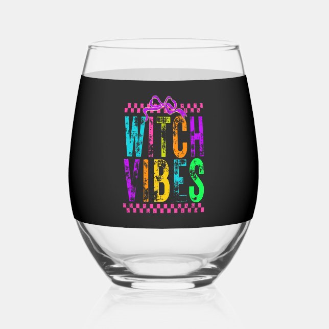 Vaso De Vino Witch Vibes Halloween Neon Checkered Bow (Anverso)