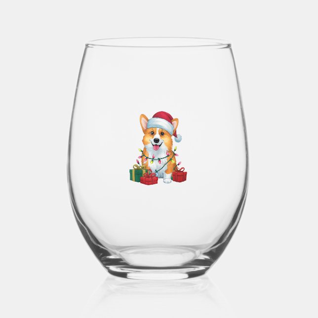 Vaso De Vino Xmas Iluminando Santa Hat Corgi Navidades de perro (Anverso)