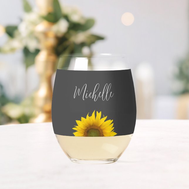 Vaso De Vino Yellow Sunflower Botánico Sencillo Gris (Insitu (Boda))