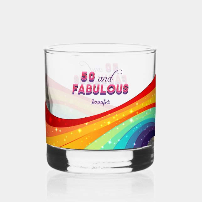 Vaso De Whiskey 50 y fabuloso Personalizado arcoiris 50 cumpleaños (Anverso)