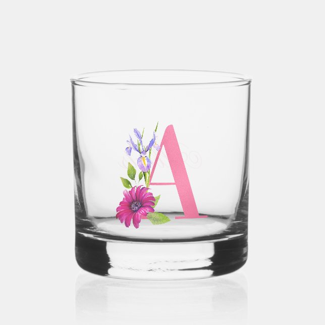 Vaso De Whiskey Alegre PInk Decorativo Floral Inicial A (Anverso)