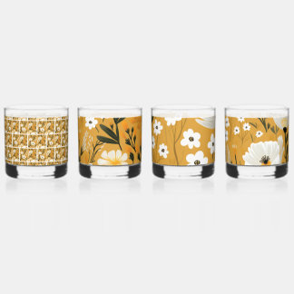 Vaso De Whiskey Amarillo Mostaza y Floral Botánico Blanco