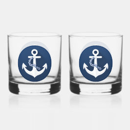 Vaso De Whiskey Ancla Náutica Vela Embarcación Blanco Azul Marina