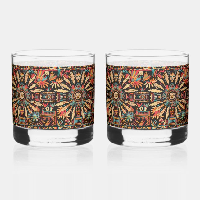 Vaso De Whiskey Antiguo Cerulean "Sueño Azteca" 12oz Rocks Glasses (Anverso)