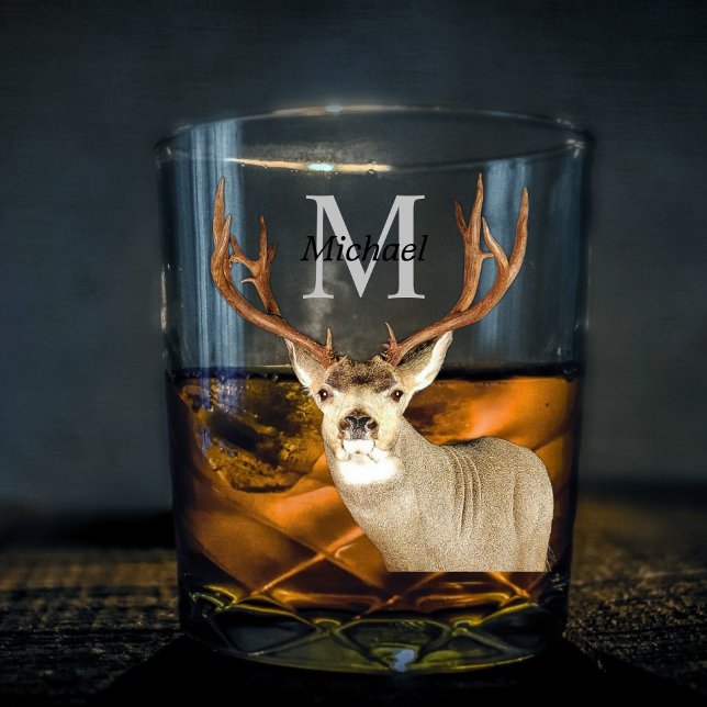 Vaso De Whiskey Antlers de monograma de caza personalizada de vena (Elegant Deer Hunting Buck Antler Deer Hunting Whiskey Glass)