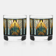 Art Deco Vidrio Emplomado en Dorado Verde Negro