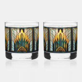 Vaso De Whiskey Art Deco Vidrio Emplomado en Dorado Verde Negro